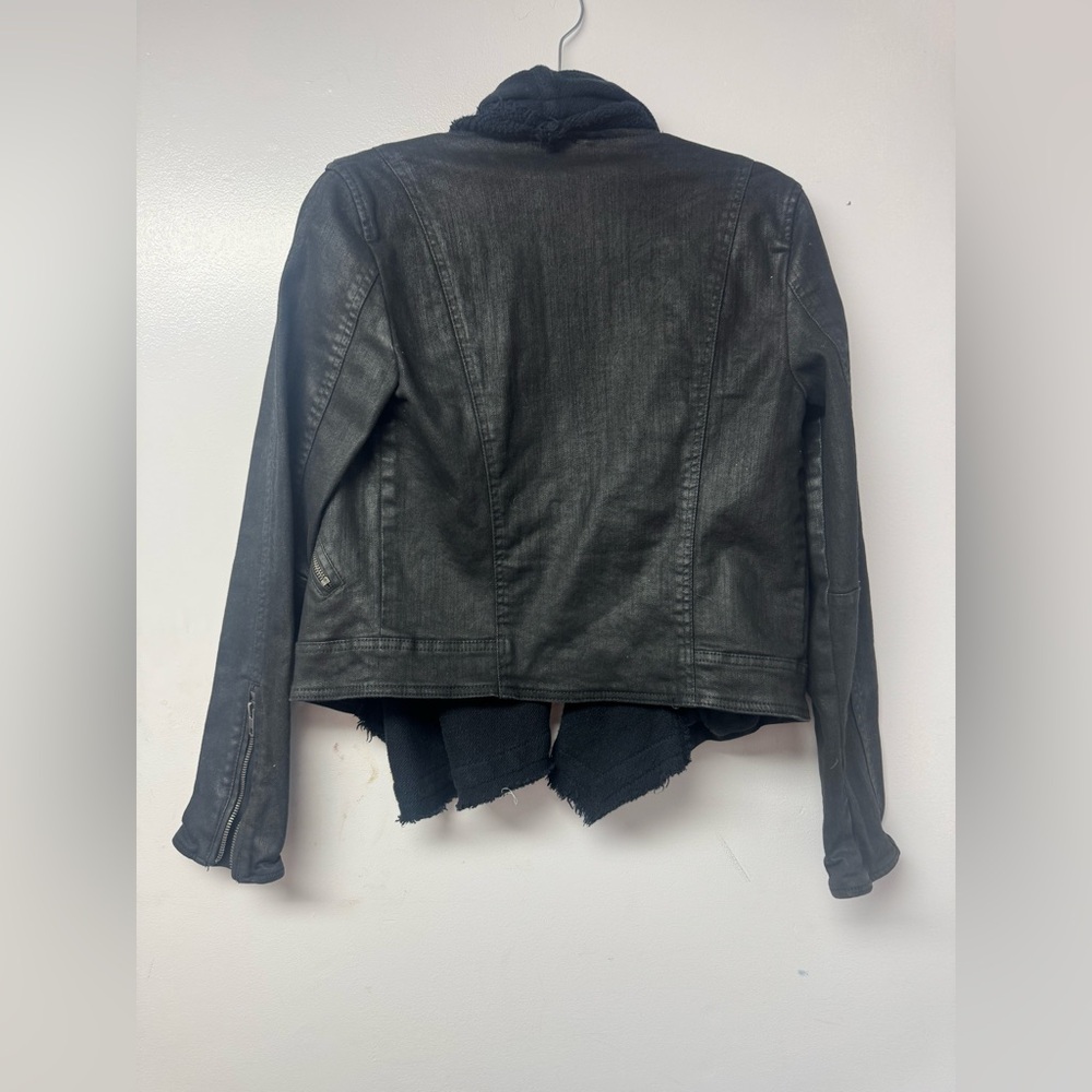 Free People Black Moto Jacket Women’s 4 Draped Knit Collar Faux Leather Biker I - Picture 9 of 17